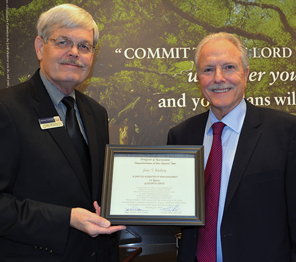 John Pearson presenting John Walling Certificate of Appreciation for 45 Years of Service to the Credit Union