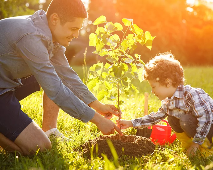 boy and man planting seedling